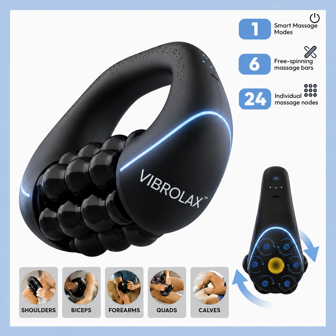 VIBROLAX cordless handheld muscle roller massager with 6 spinning bars and 24 nodes, black