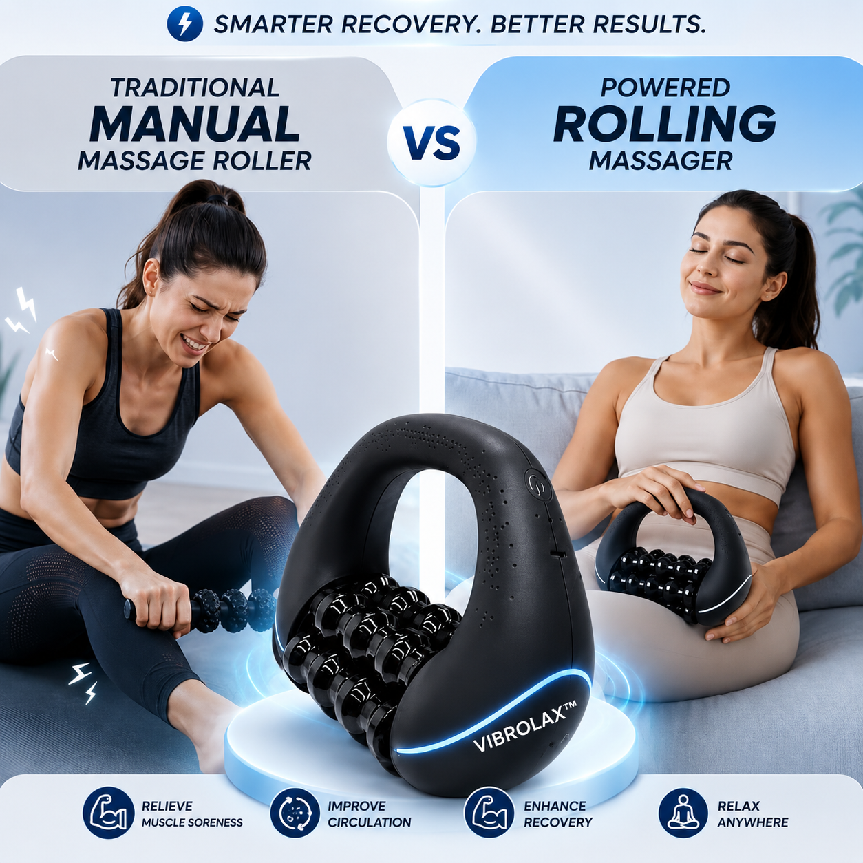Using the handheld roller massager on the calf for post-workout muscle recovery