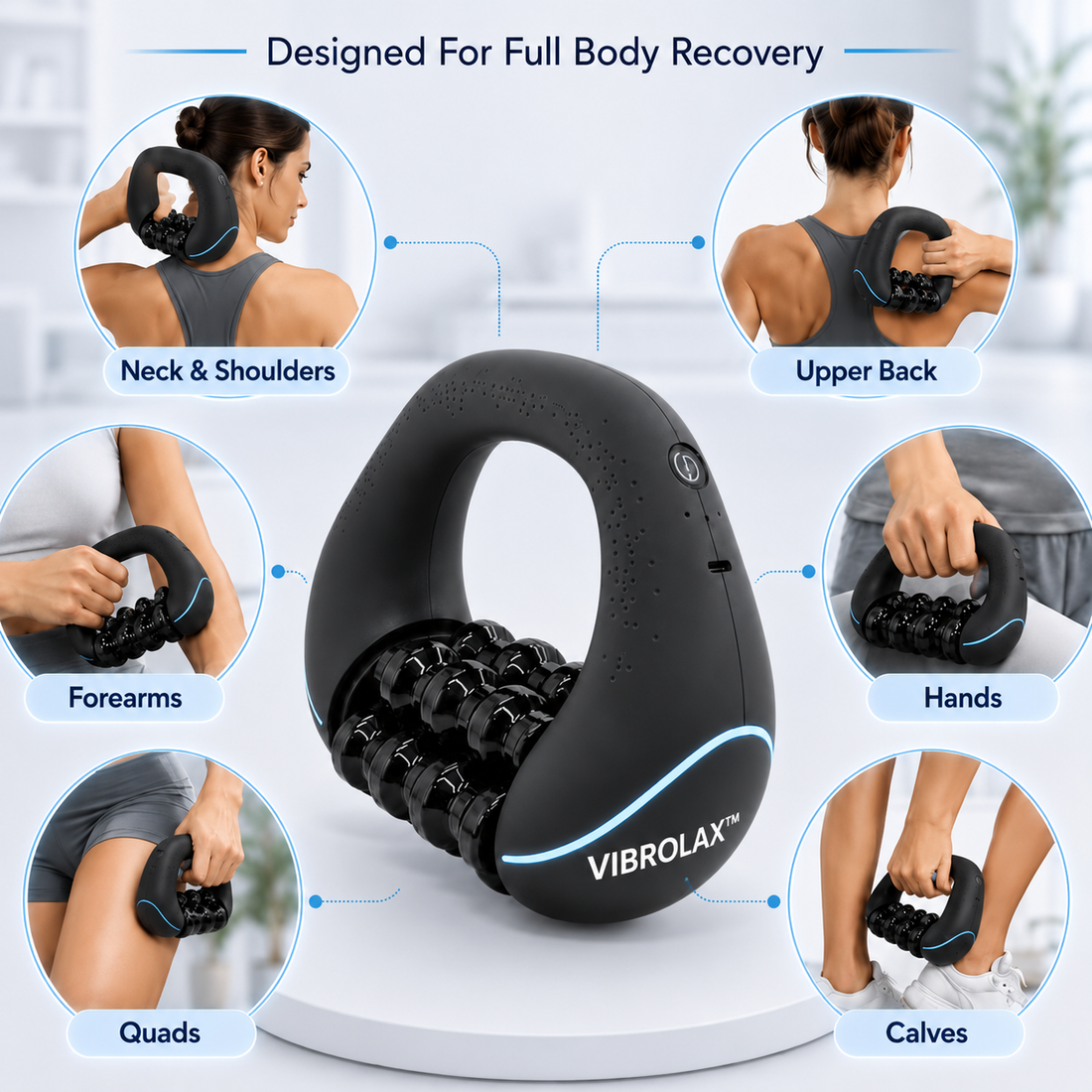 VIBROLAX cordless handheld muscle roller massager with 6 spinning bars and 24 nodes, black