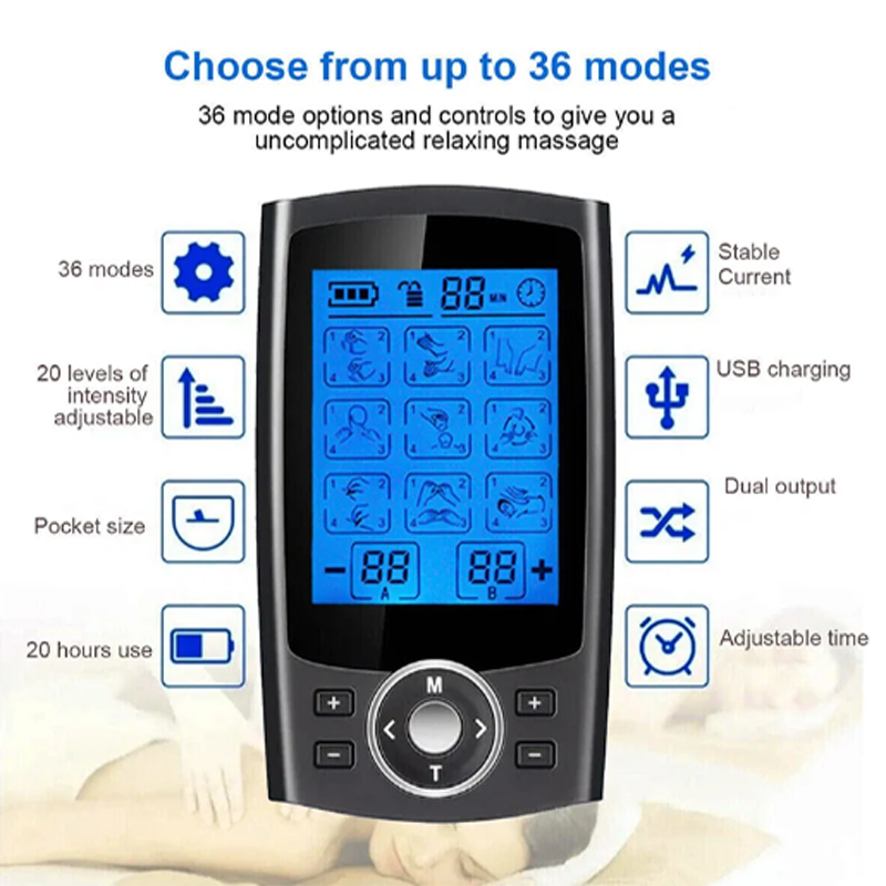 Vibrolax Dual Channel TENS EMS Muscle Stimulator – 36 Modes Pain Relief Massager with 10 Pads & Travel Bag | Rechargeable Electronic Therapy Device